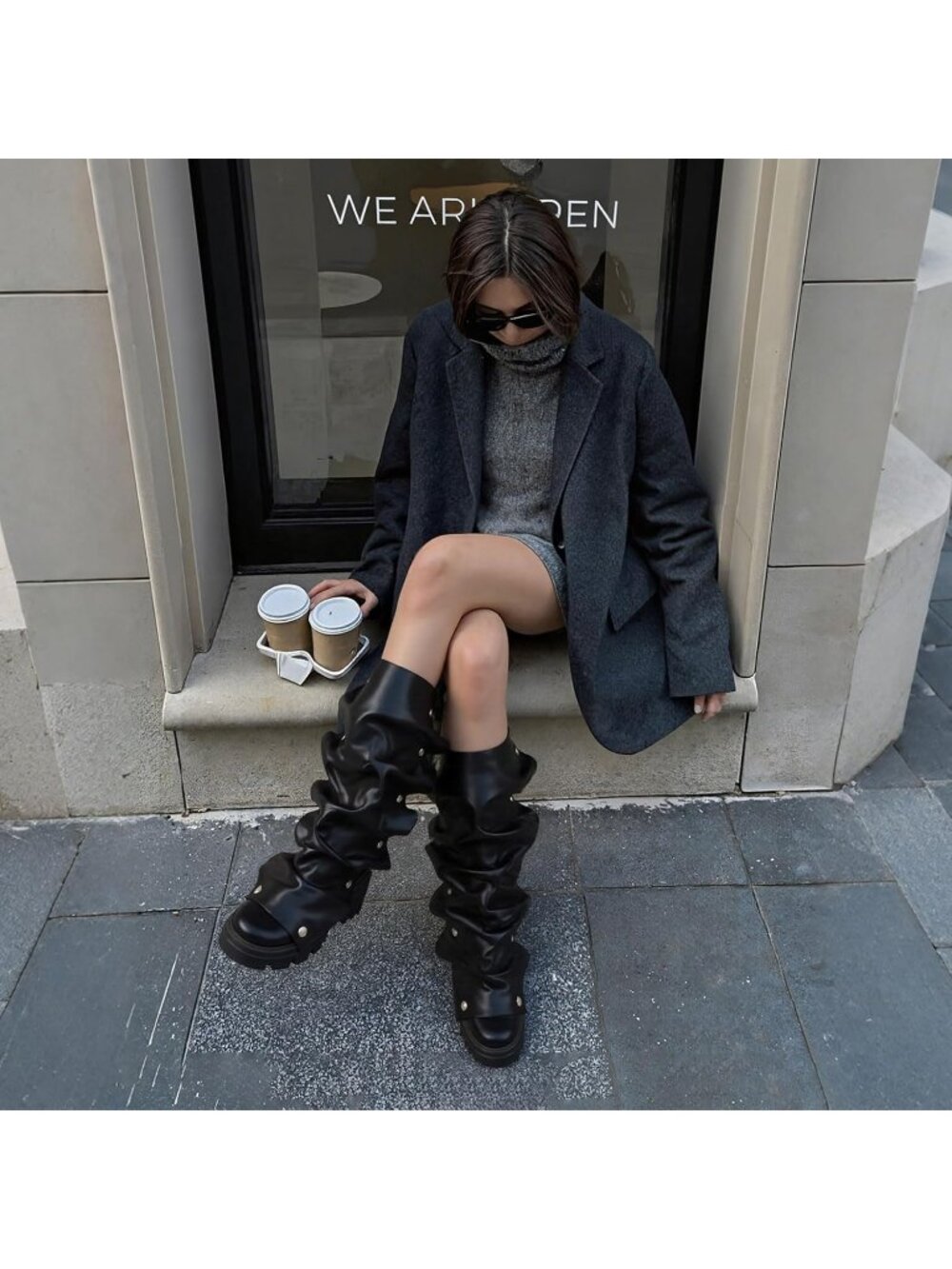 Women's Black Slouchy Boots Fold Over Boots - Picture 3 of 6